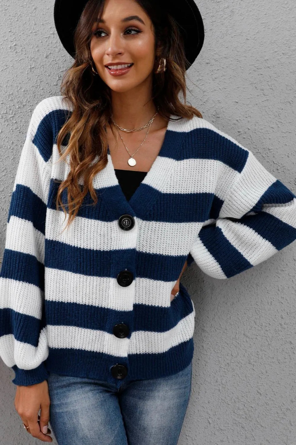 Chaqueta de Suéter Woven con Botones y Rayas Contrastantes