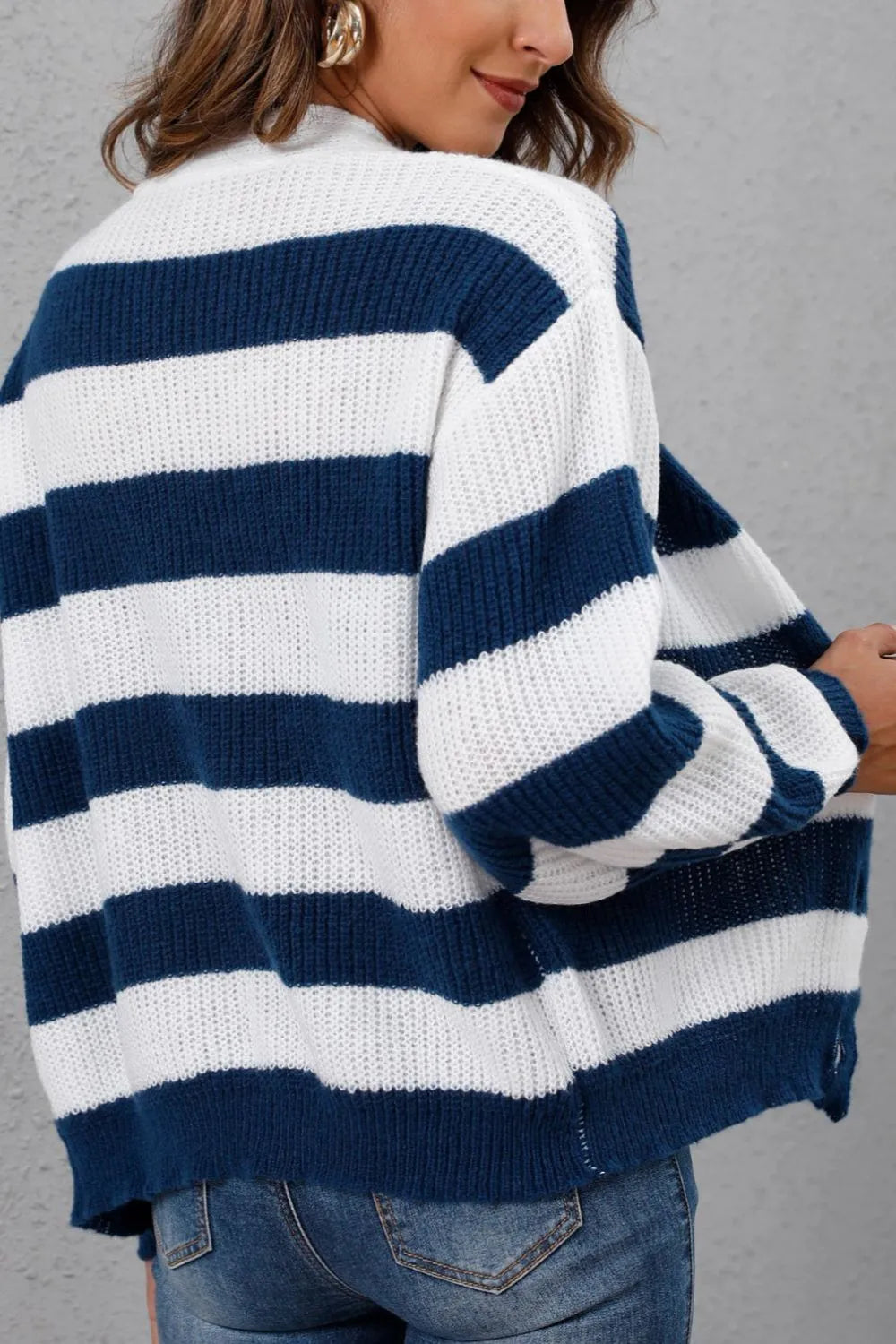 Chaqueta de Suéter Woven con Botones y Rayas Contrastantes