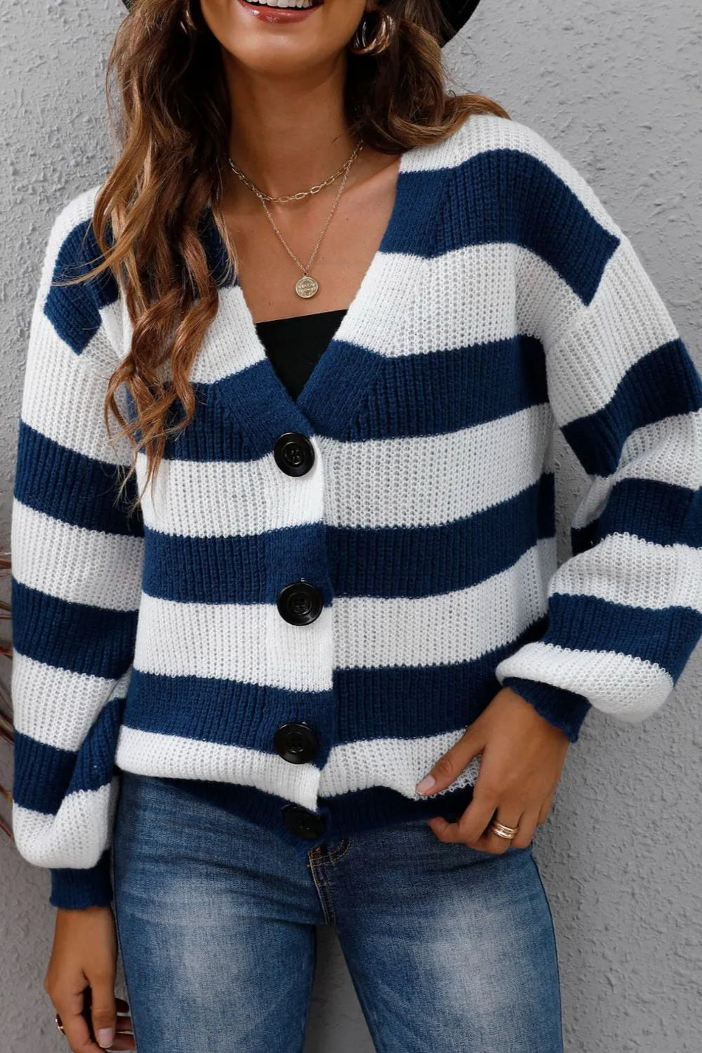 Chaqueta de Suéter Woven con Botones y Rayas Contrastantes
