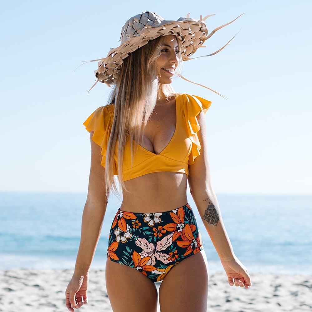 Ensemble de Bikini à Volants Floraux - Maillot de Bain Élégant Deux Pièces