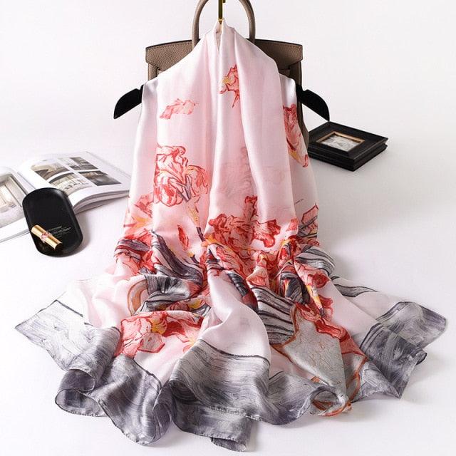 Écharpe Longue en Soie de Luxe pour Femmes - Imprimé Floral Élégant