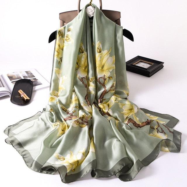 Écharpe Longue en Soie de Luxe pour Femmes - Imprimé Floral Élégant