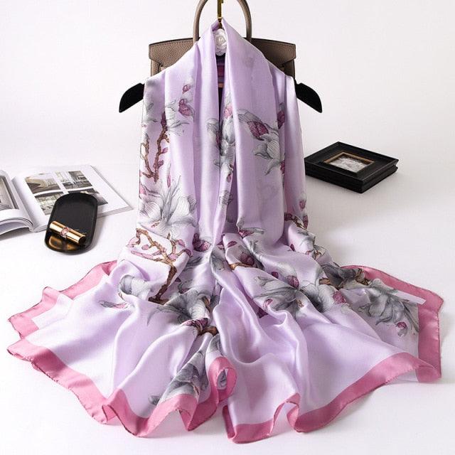 Écharpe Longue en Soie de Luxe pour Femmes - Imprimé Floral Élégant