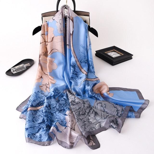 Écharpe Longue en Soie de Luxe pour Femmes - Imprimé Floral Élégant