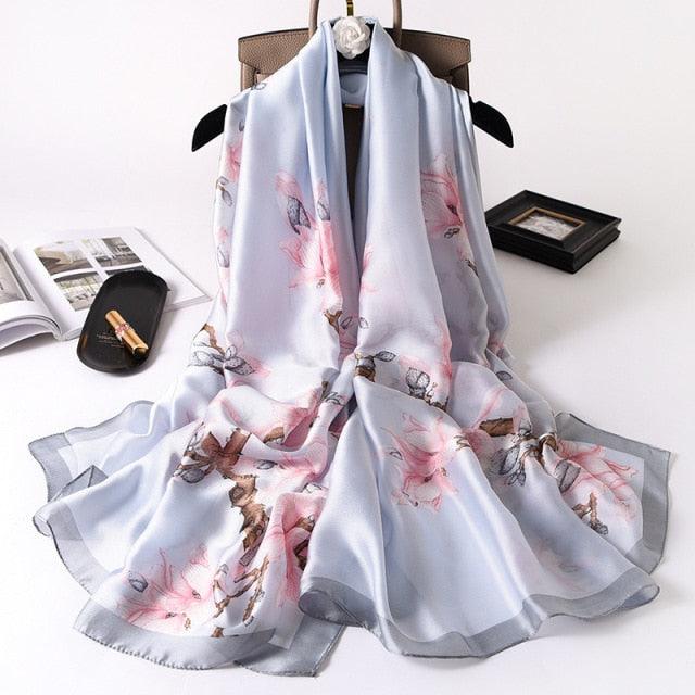 Écharpe Longue en Soie de Luxe pour Femmes - Imprimé Floral Élégant