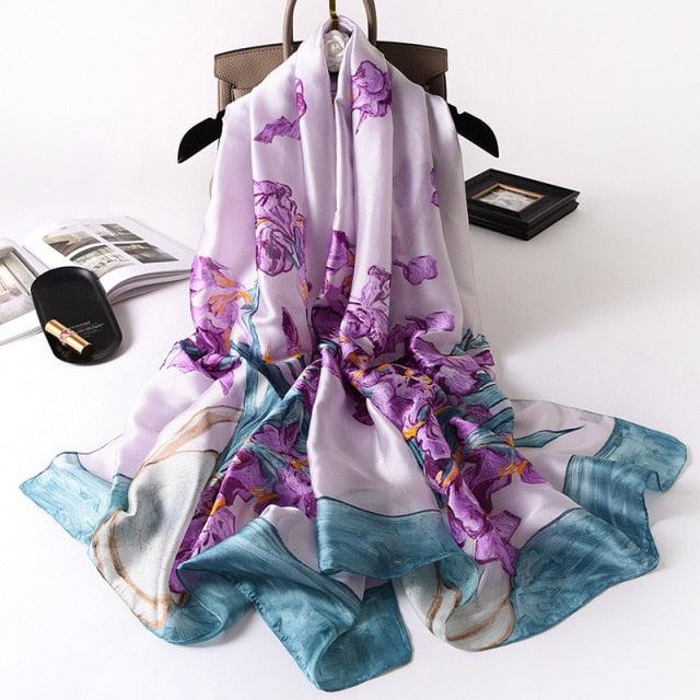Écharpe Longue en Soie de Luxe pour Femmes - Imprimé Floral Élégant