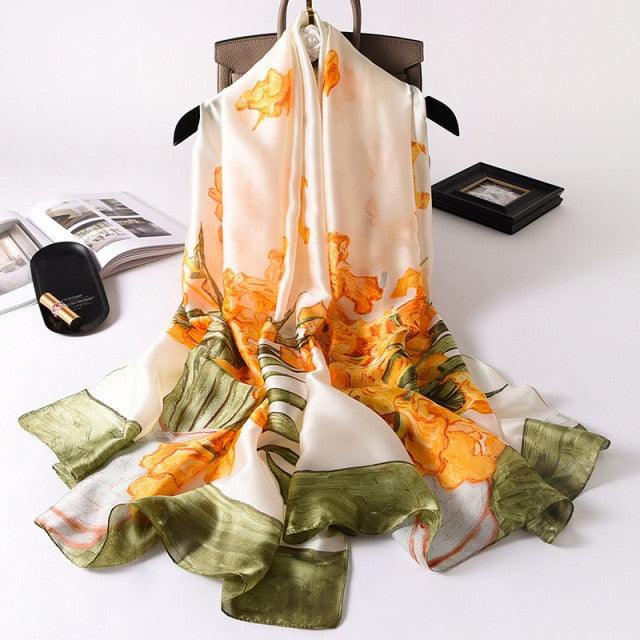 Écharpe Longue en Soie de Luxe pour Femmes - Imprimé Floral Élégant
