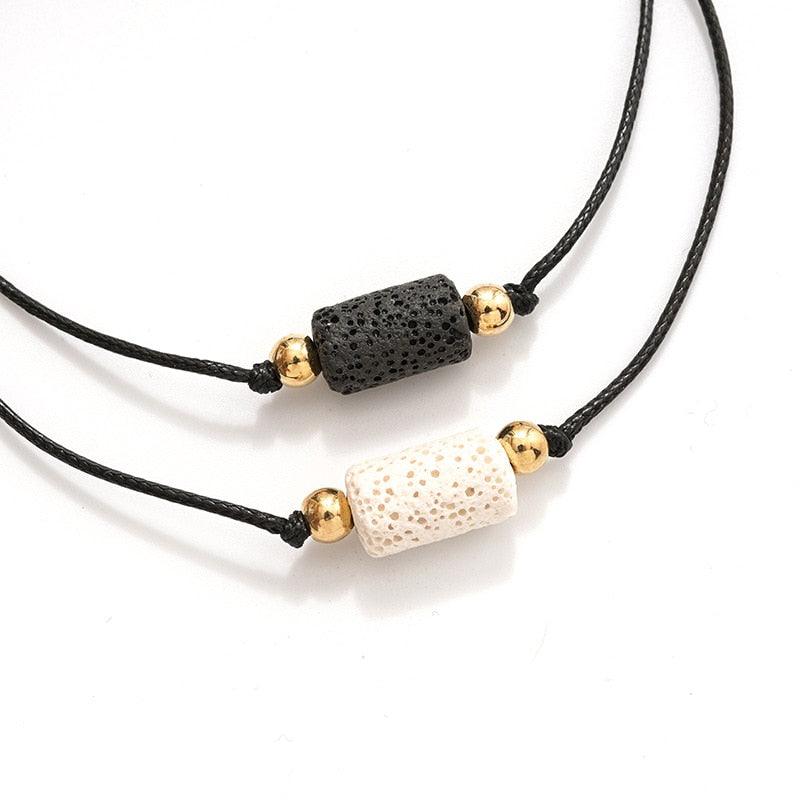 Charm Bracelet Set for Couples - Volcanic Stone & Woven Design