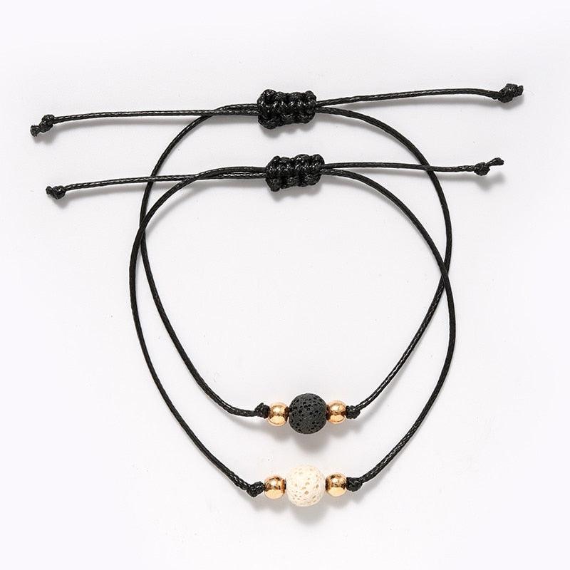 Charm Bracelet Set for Couples - Volcanic Stone & Woven Design