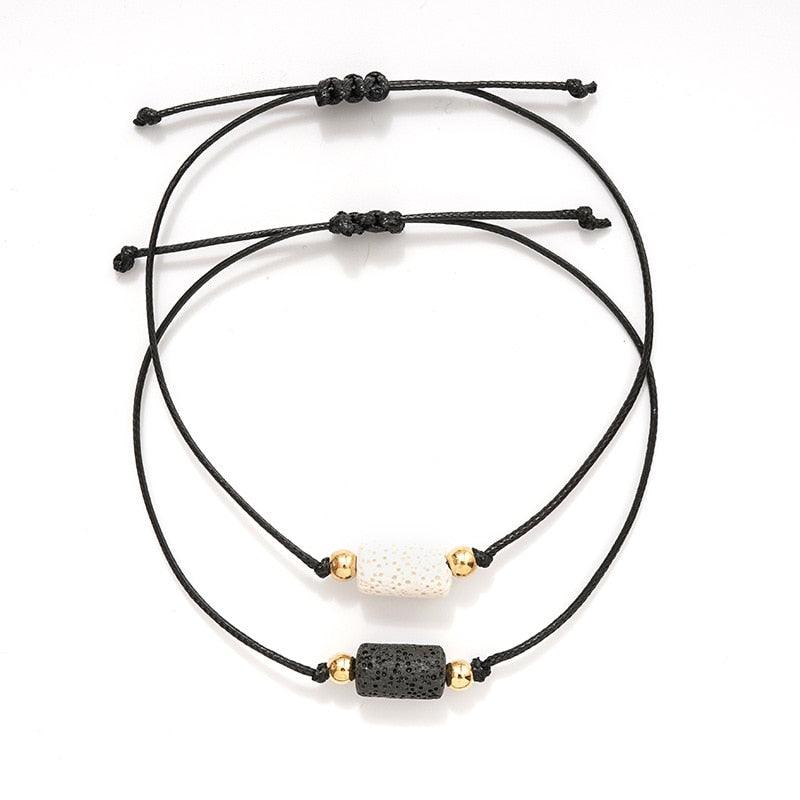 Charm Bracelet Set for Couples - Volcanic Stone & Woven Design