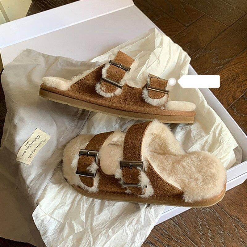Zapatillas de Lana Premium con Hebilla Ajustable para Comodidad Interior y Exterior
