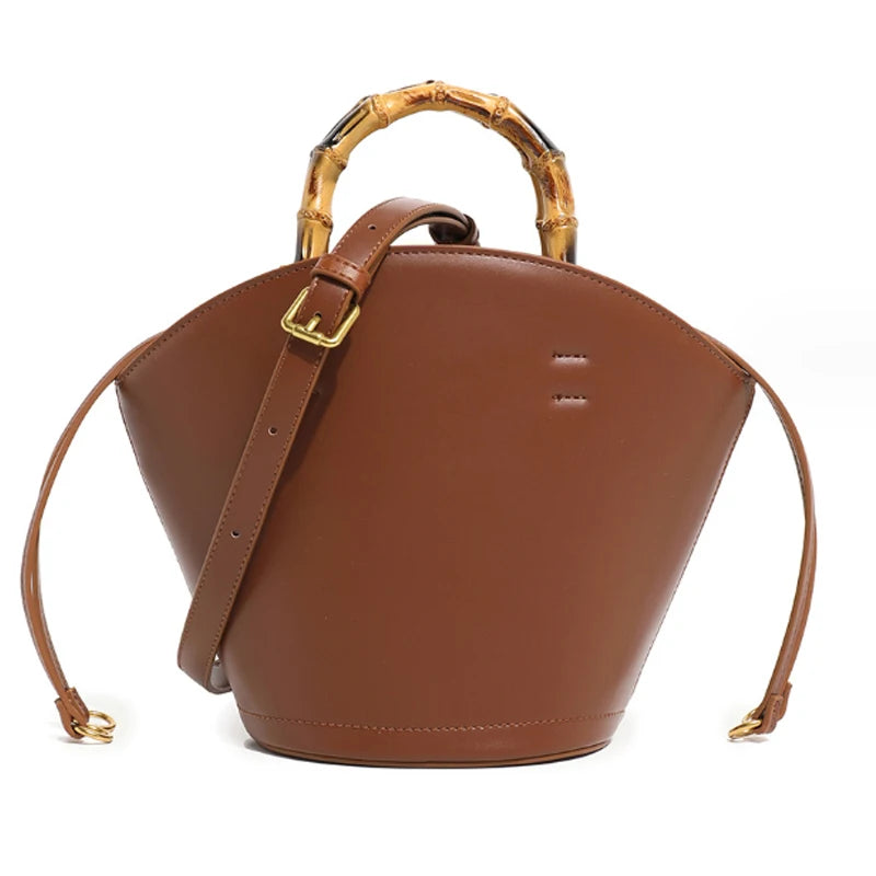 Elegant Bamboo Handle Bucket Bag in Soft Leather