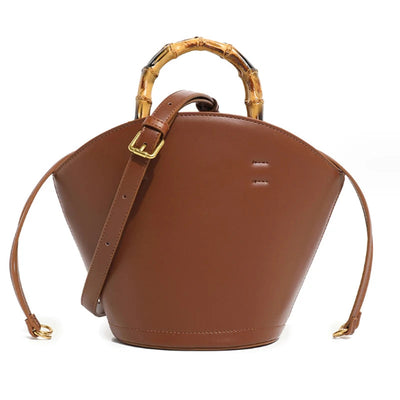Elegant Bamboo Handle Bucket Bag in Soft Leather
