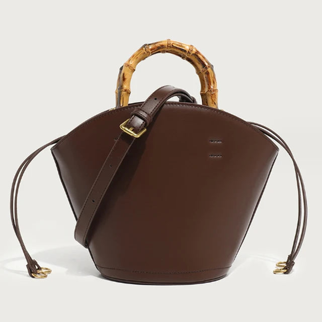 Elegant Bamboo Handle Bucket Bag in Soft Leather
