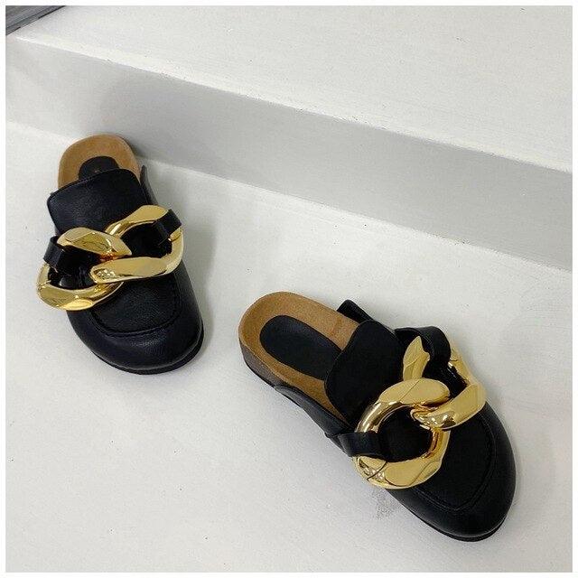 Elegant Women's Gold Chain Slide Mules - Casual Low Heel Sandals - Korvel