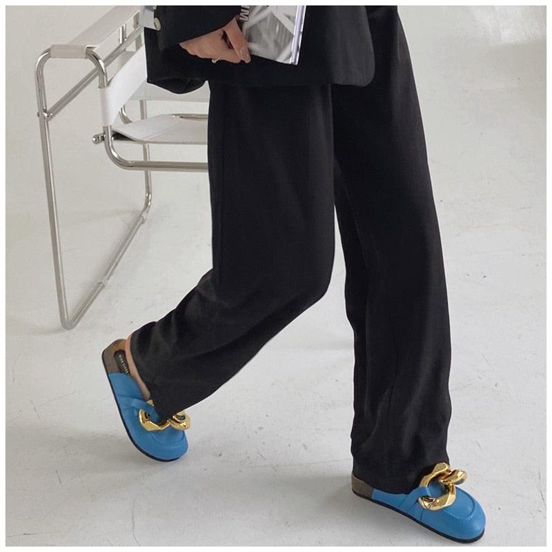 Elegant Women's Gold Chain Slide Mules - Casual Low Heel Sandals - Korvel