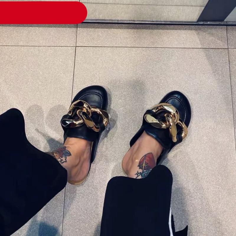 Elegant Women's Gold Chain Slide Mules - Casual Low Heel Sandals - Korvel