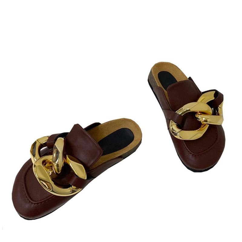 Elegant Women's Gold Chain Slide Mules - Casual Low Heel Sandals - Korvel