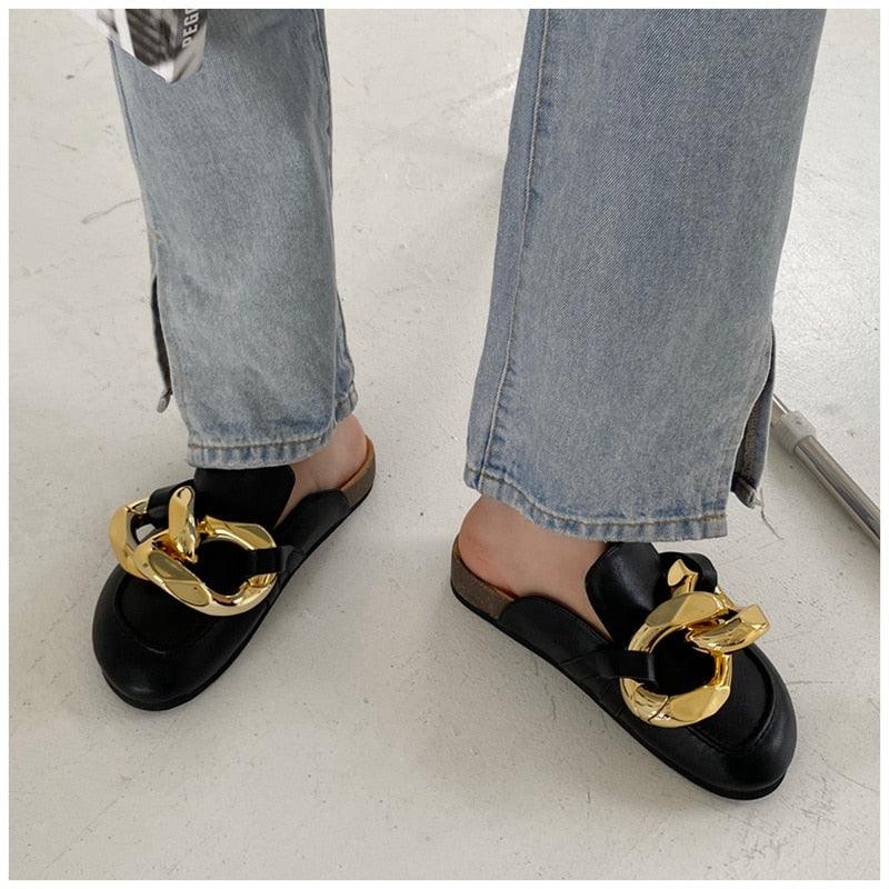Elegant Women's Gold Chain Slide Mules - Casual Low Heel Sandals - Korvel