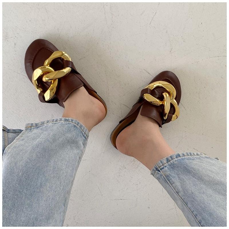 Elegant Women's Gold Chain Slide Mules - Casual Low Heel Sandals - Korvel