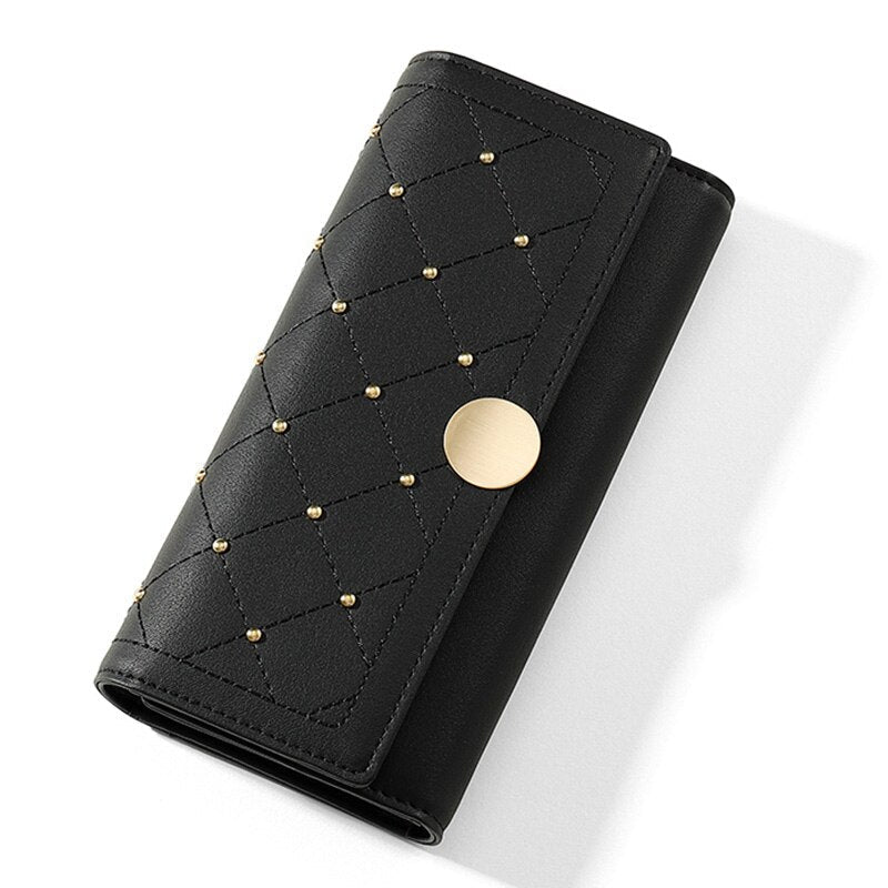Cartera Larga Trifold con Botón de Remache para Mujeres