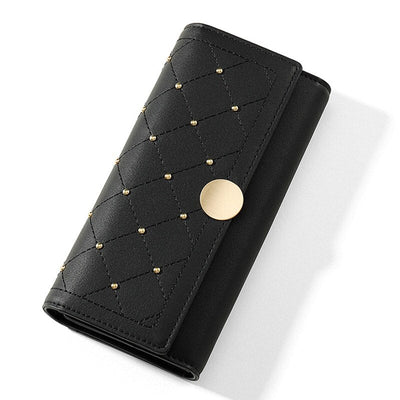 Cartera Larga Trifold con Botón de Remache para Mujeres