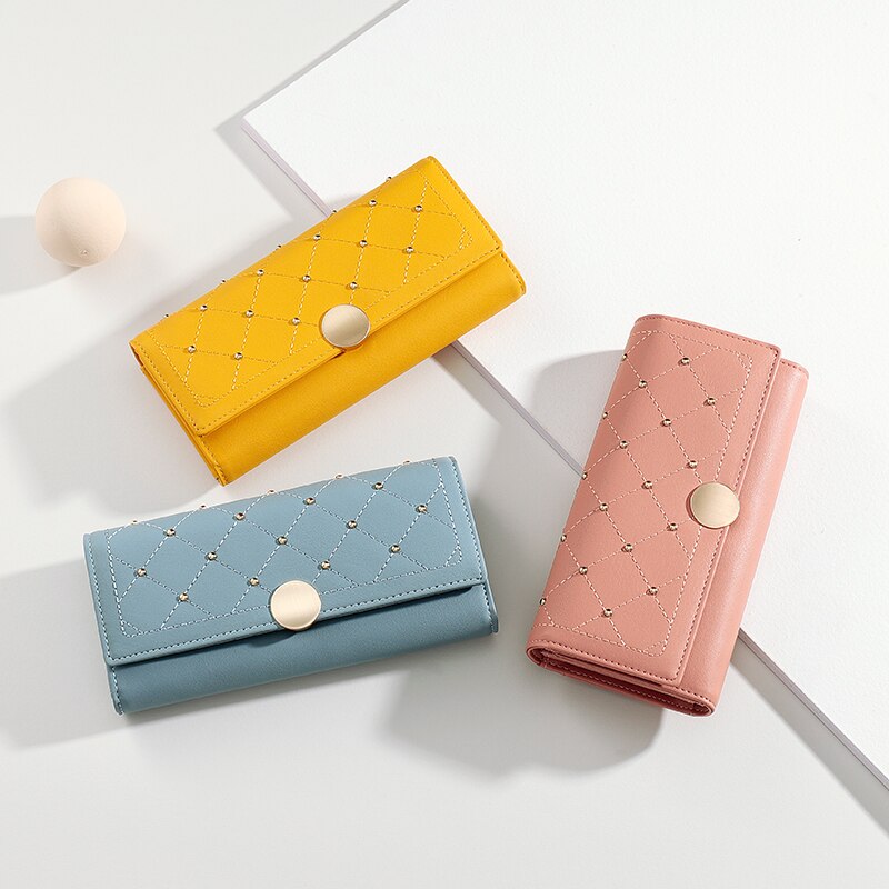 Cartera Larga Trifold con Botón de Remache para Mujeres