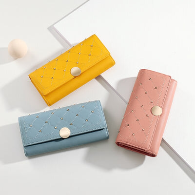 Cartera Larga Trifold con Botón de Remache para Mujeres