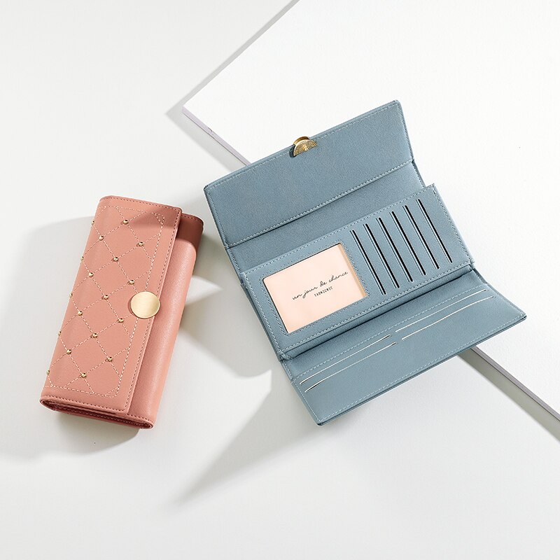 Cartera Larga Trifold con Botón de Remache para Mujeres