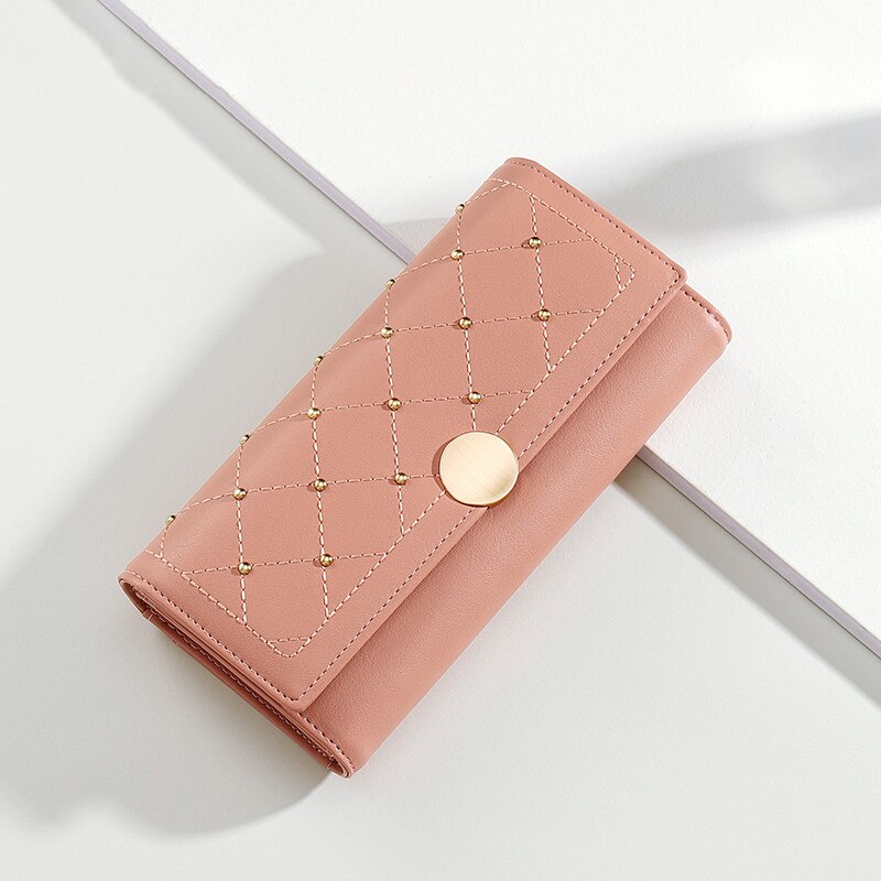 Cartera Larga Trifold con Botón de Remache para Mujeres
