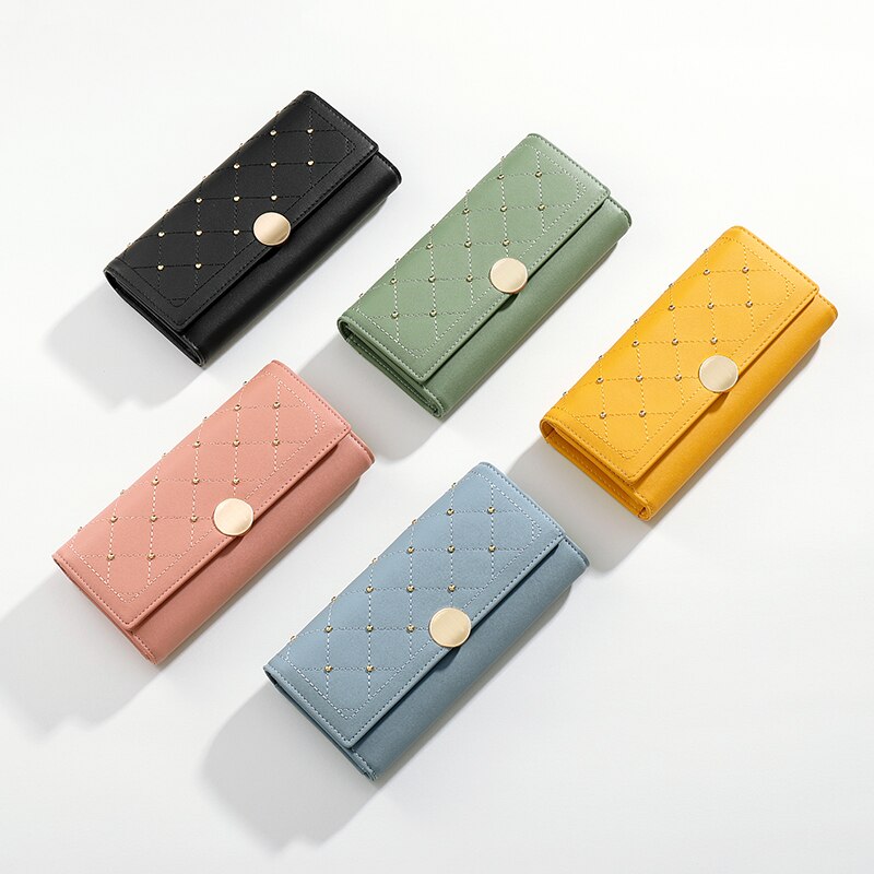 Cartera Larga Trifold con Botón de Remache para Mujeres