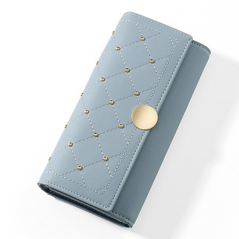 Cartera Larga Trifold con Botón de Remache para Mujeres