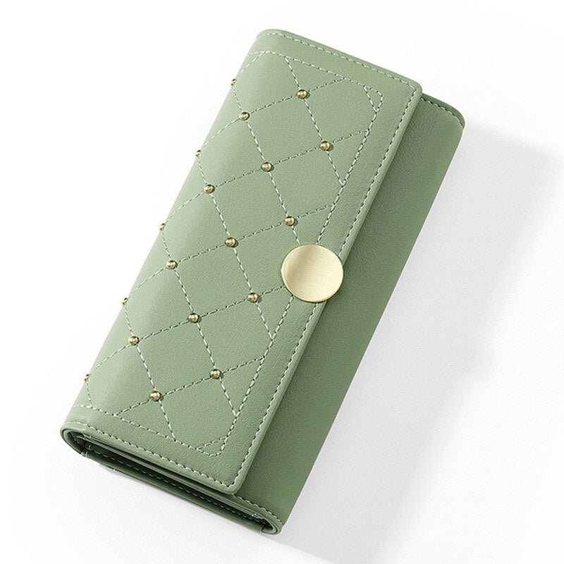 Cartera Larga Trifold con Botón de Remache para Mujeres