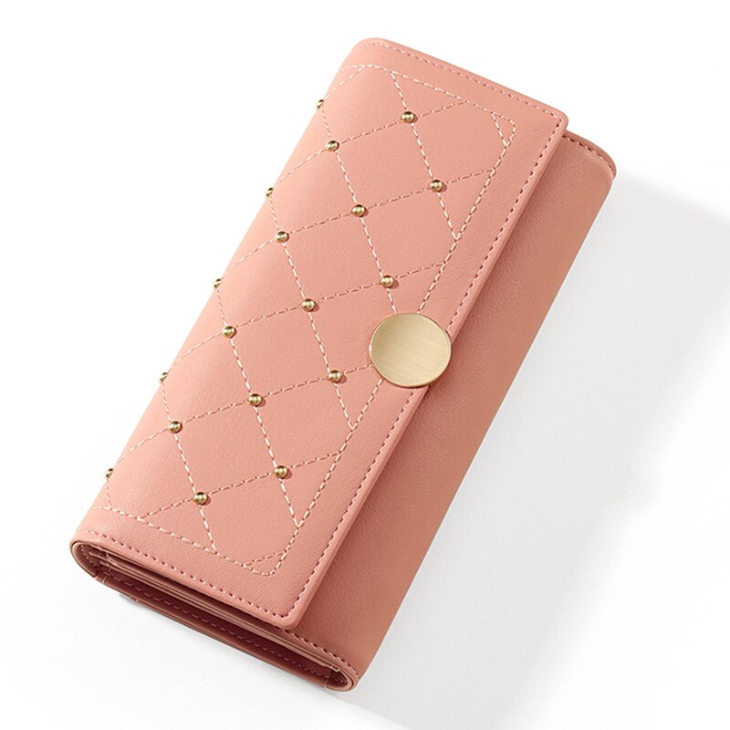 Cartera Larga Trifold con Botón de Remache para Mujeres