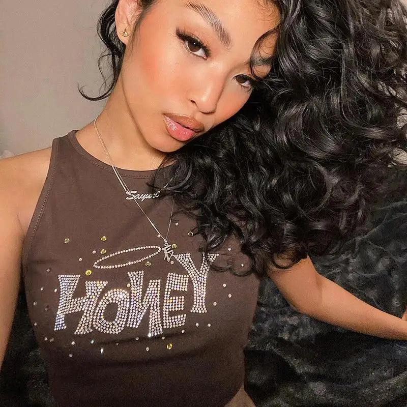Rhinestone Sleeveless Crop Tank Top for Summer