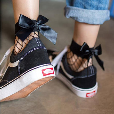 Fashionable Black Mesh Ankle Socks with Bow - 6 Colors
