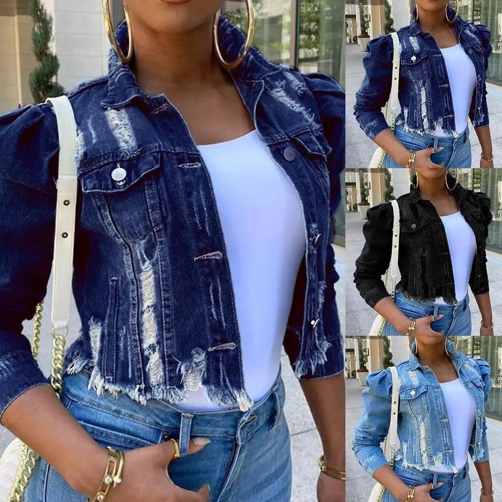 Veste en denim vintage pour femmes avec déchirures
