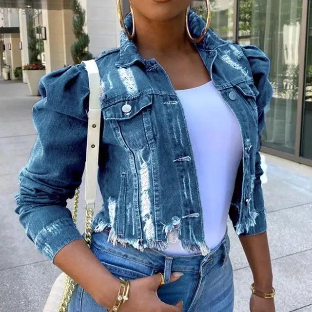 Veste en denim vintage pour femmes avec déchirures