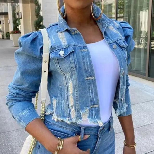 Veste en denim vintage pour femmes avec déchirures