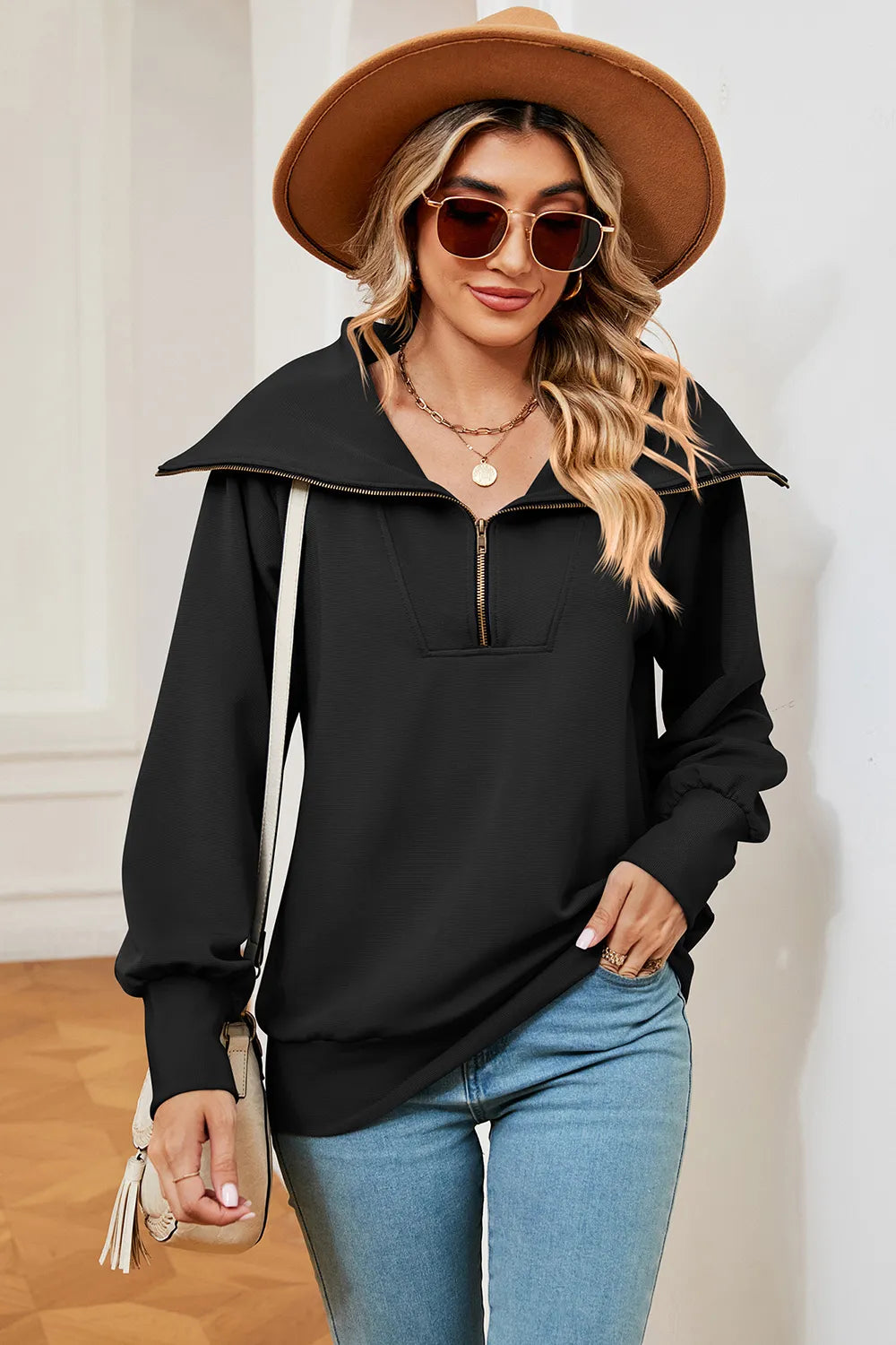 New long sleeved zipper lapel shawl pullover hoodie for women - Korvel