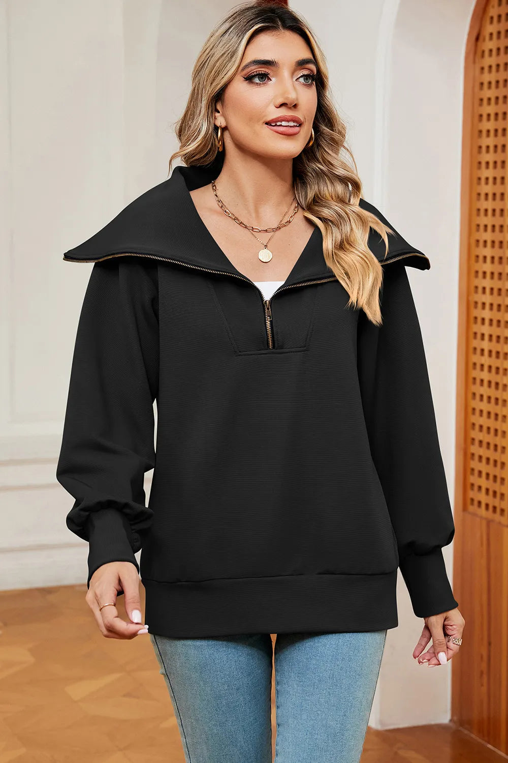 New long sleeved zipper lapel shawl pullover hoodie for women - Korvel
