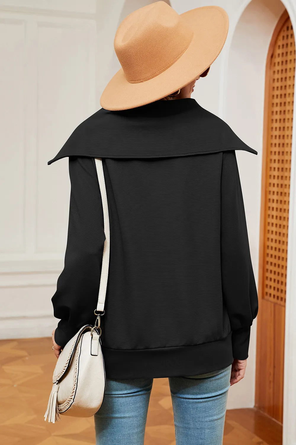 New long sleeved zipper lapel shawl pullover hoodie for women - Korvel