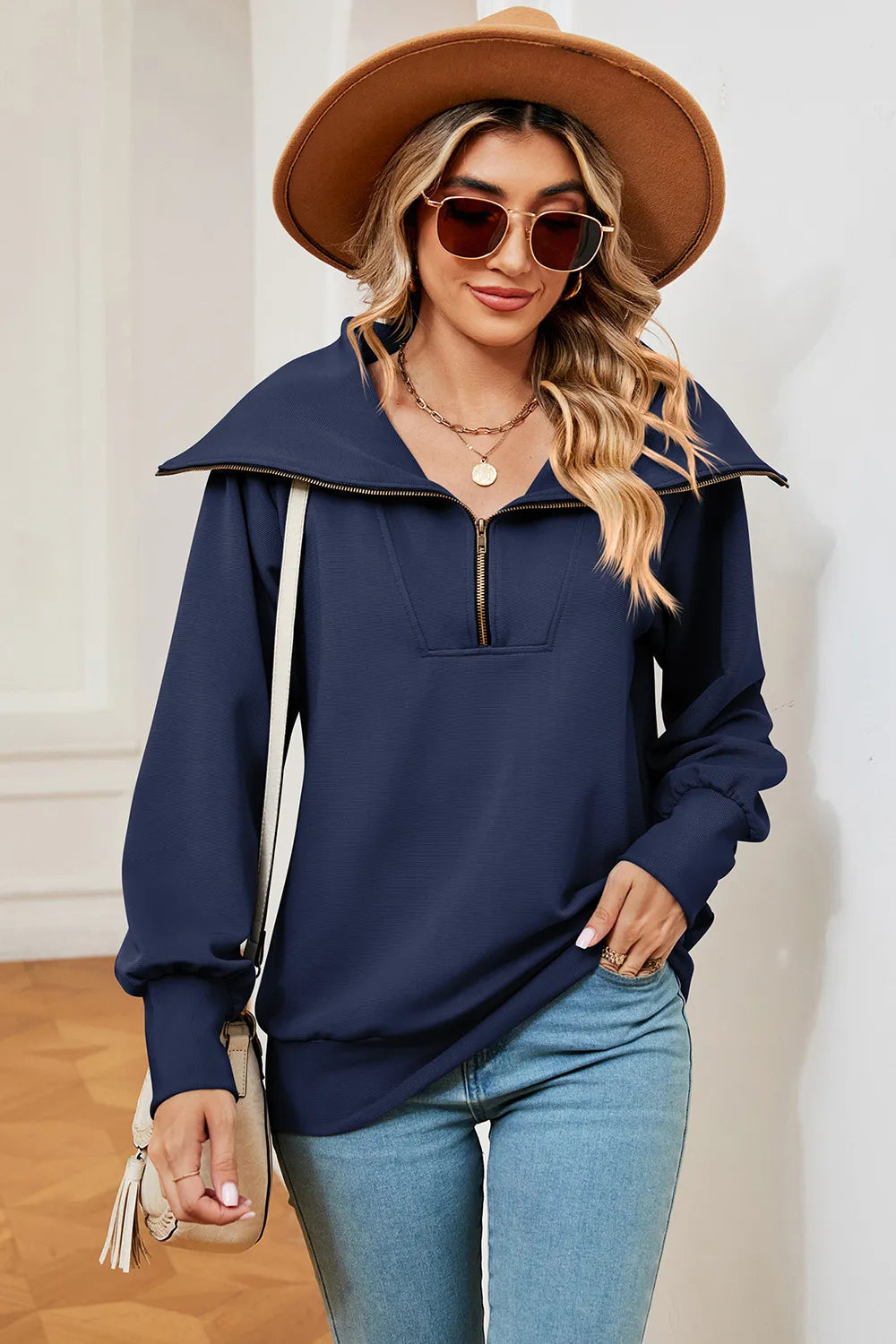 New long sleeved zipper lapel shawl pullover hoodie for women - Korvel