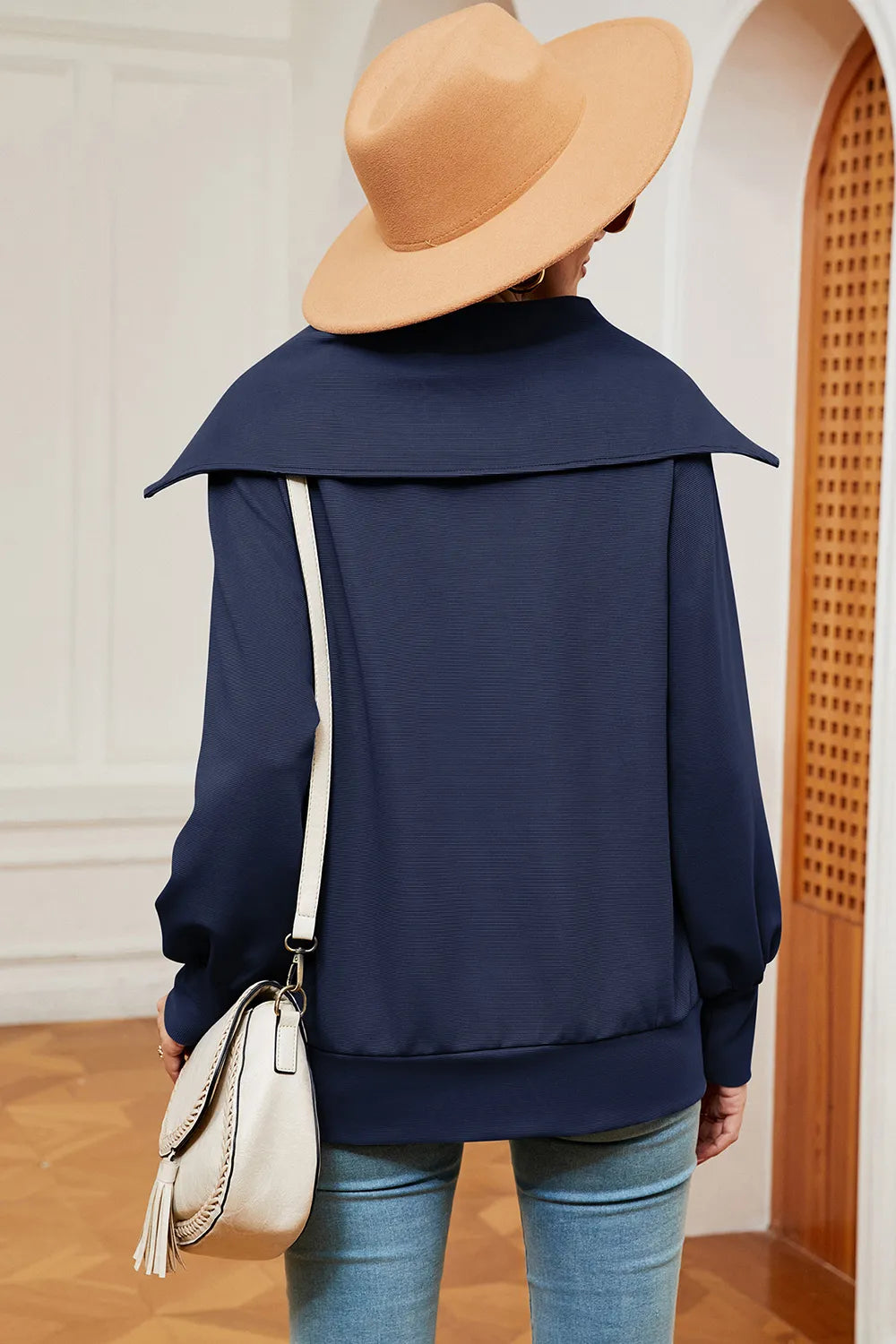 New long sleeved zipper lapel shawl pullover hoodie for women - Korvel