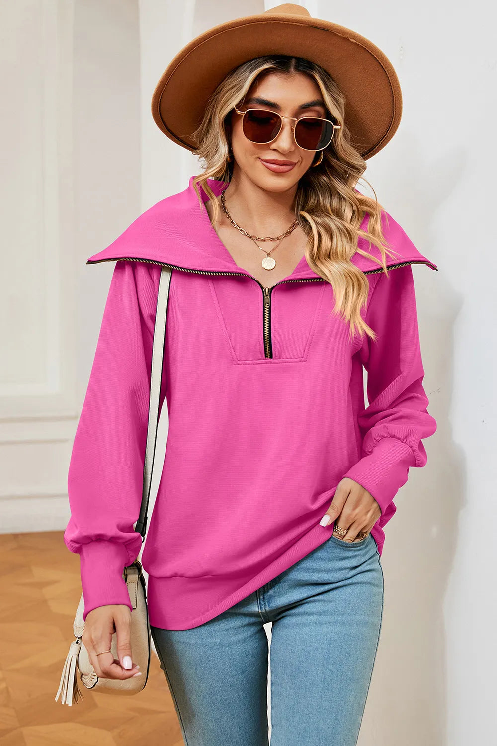 New long sleeved zipper lapel shawl pullover hoodie for women - Korvel