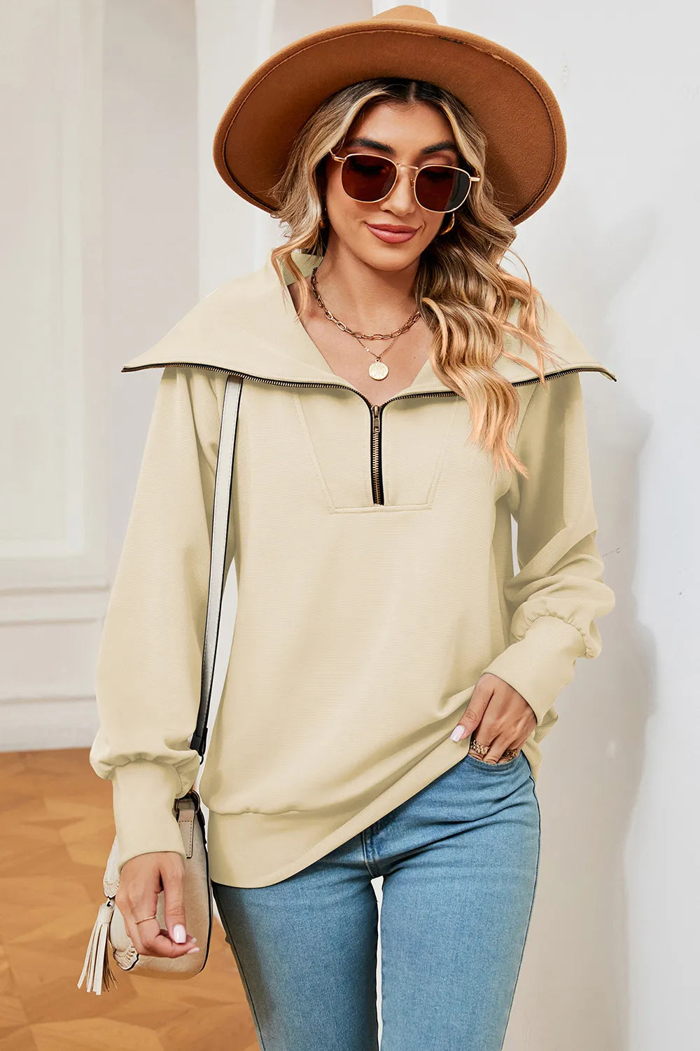 New long sleeved zipper lapel shawl pullover hoodie for women - Korvel