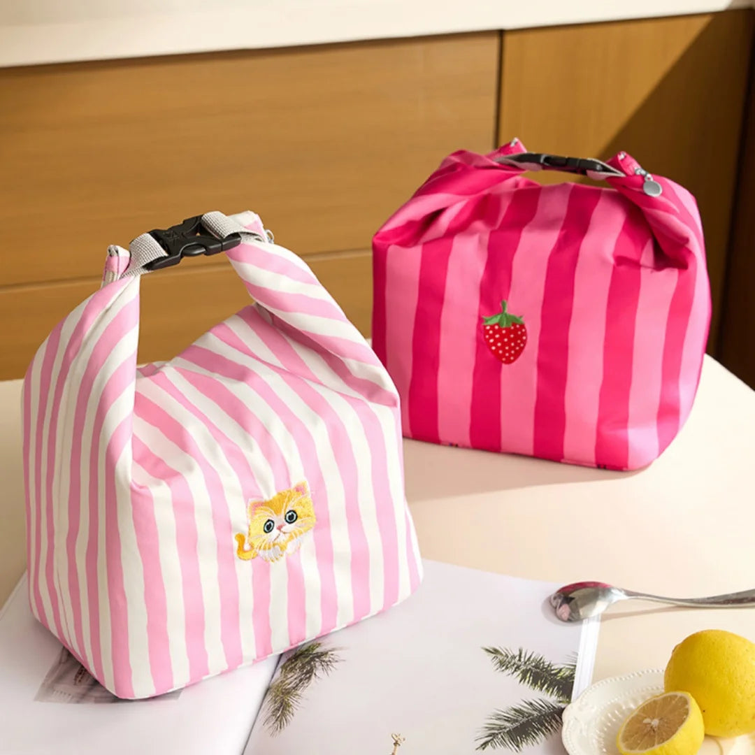 New Pink Striped Strawberry Cat Insulated Cute Lunch Handbag  Large Capacity Folding Roll Bento Bag Picnic Food Fresh Cooler Bag - Korvel