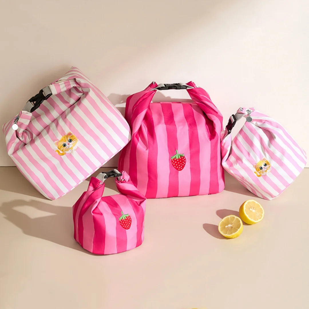 New Pink Striped Strawberry Cat Insulated Cute Lunch Handbag  Large Capacity Folding Roll Bento Bag Picnic Food Fresh Cooler Bag - Korvel