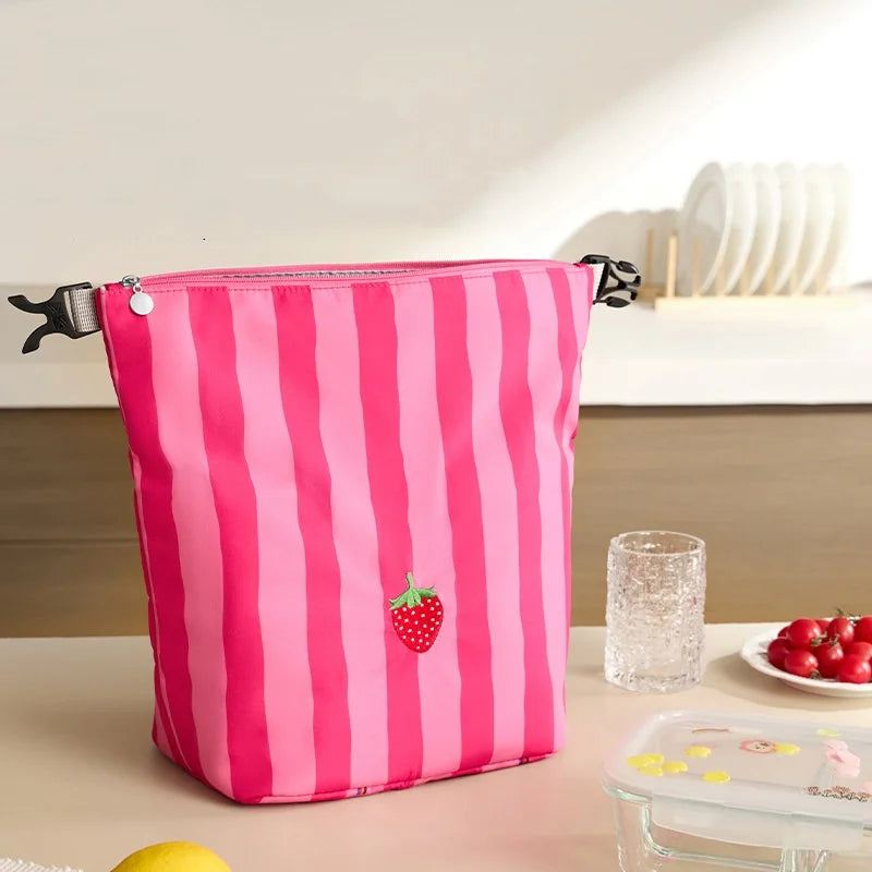 New Pink Striped Strawberry Cat Insulated Cute Lunch Handbag  Large Capacity Folding Roll Bento Bag Picnic Food Fresh Cooler Bag - Korvel