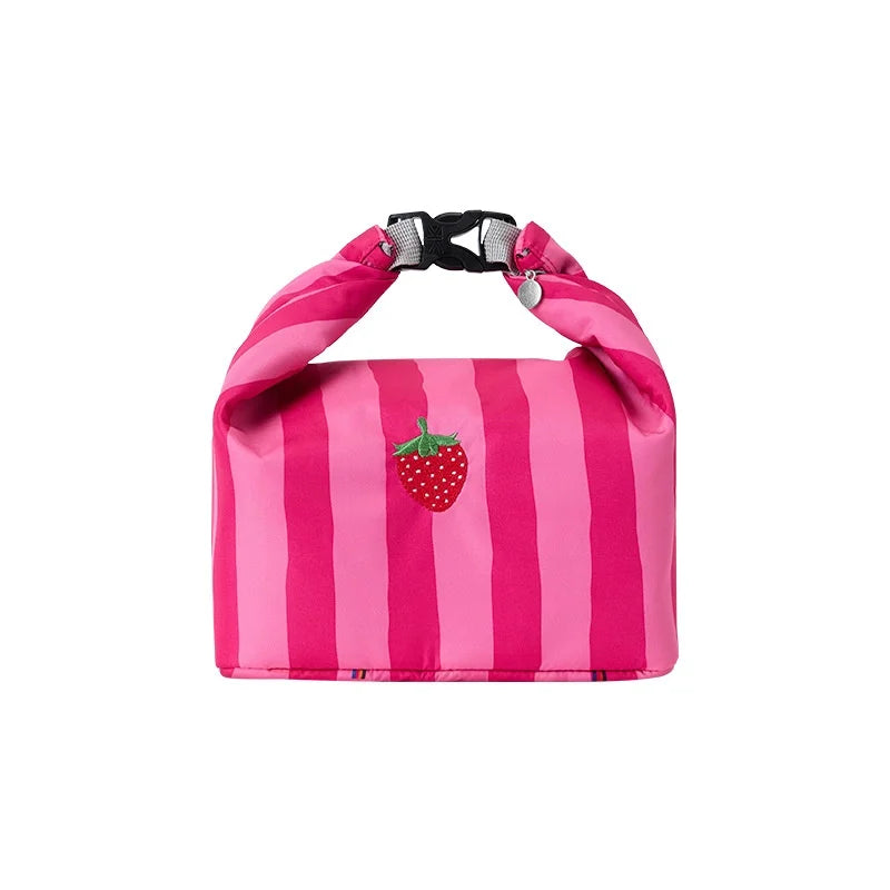 New Pink Striped Strawberry Cat Insulated Cute Lunch Handbag  Large Capacity Folding Roll Bento Bag Picnic Food Fresh Cooler Bag - Korvel